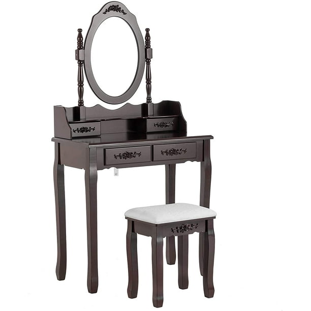Black Vanity Table Makeup Set Dressing Table Dresser with Oval Mirror 5 Drawers Cushioned Stool for Bedroom Home